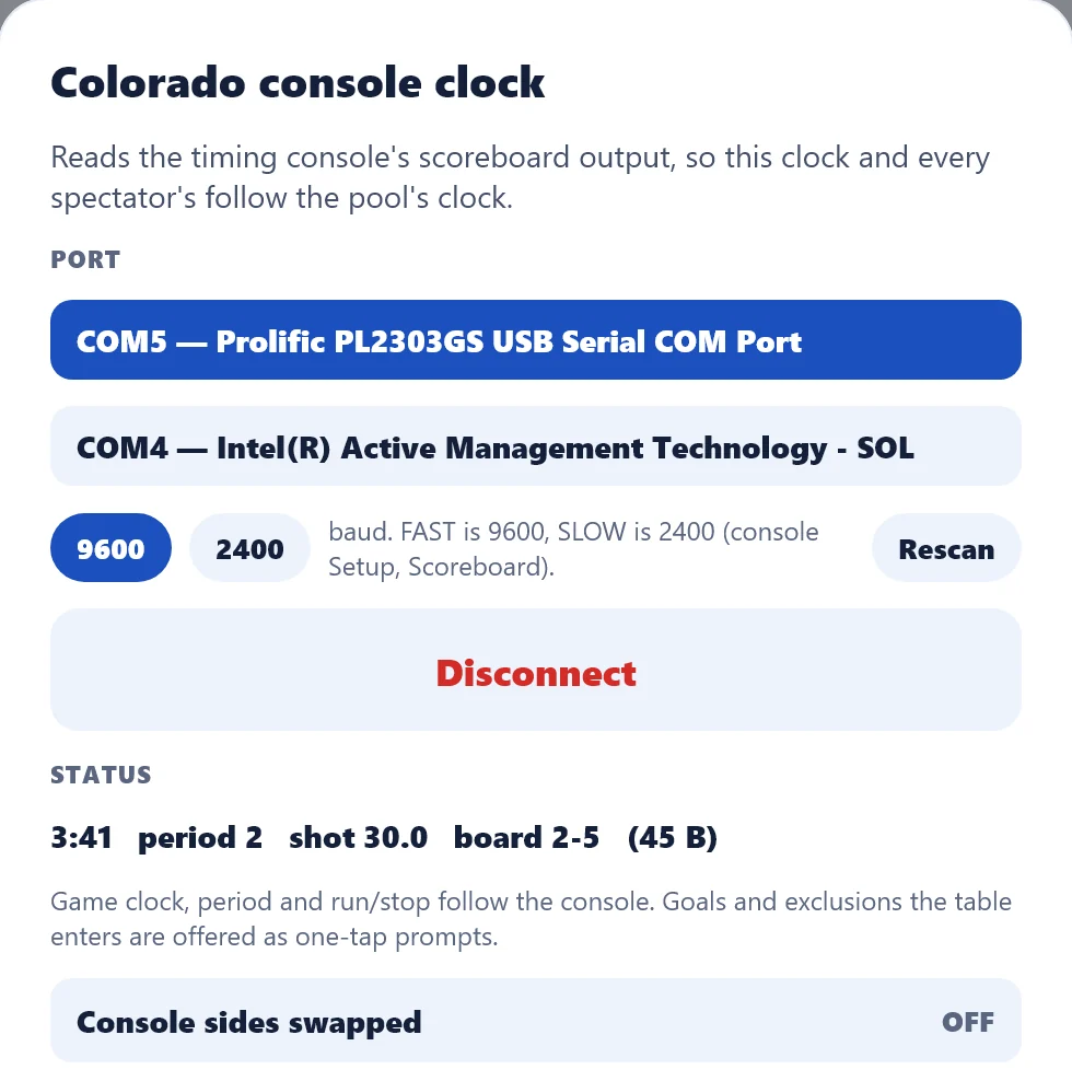 The Colorado console clock panel: port COM5, Prolific PL2303GS USB Serial COM Port, selected above COM4, 9600 selected, Rescan, a Disconnect button, the status line 3:41 period 2 shot 30.0 board 2-5 (45 B), and Console sides swapped set to OFF.