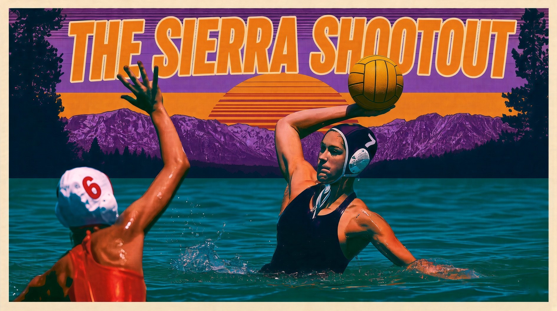 The Sierra Shootout: a shooter with the ball raised and a defender’s arm up, on a lake under a Sierra Nevada sunset