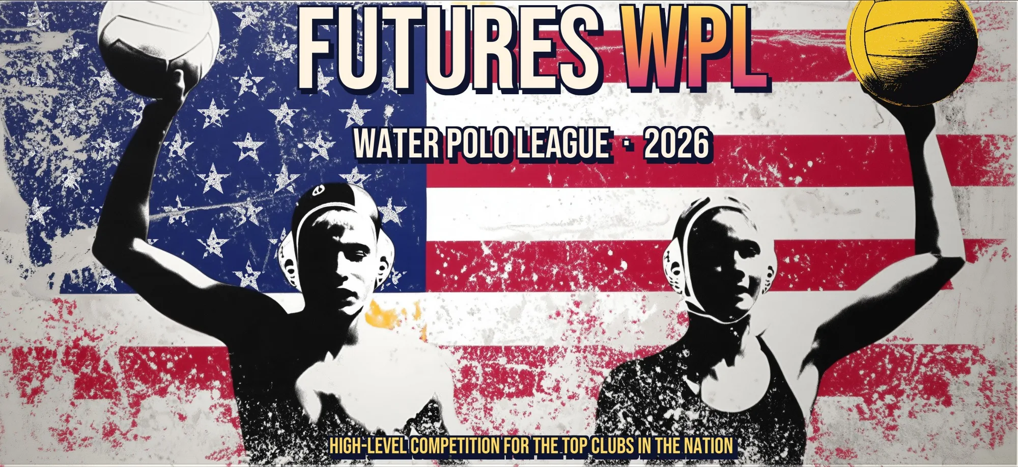 Futures WPL, Water Polo League 2026: two players holding the ball up in front of a flag