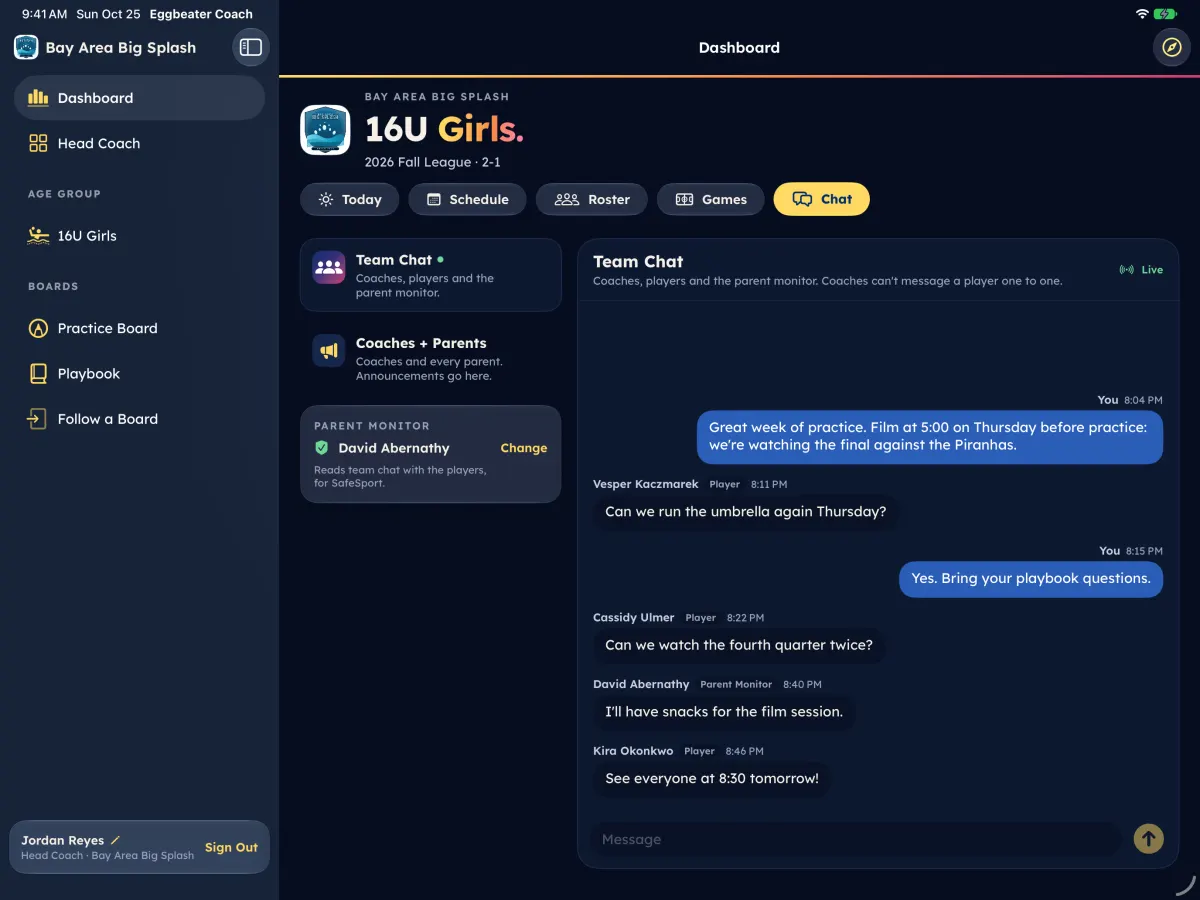 Chat in Eggbeater Coach, with the monitor parent card and an announcement.