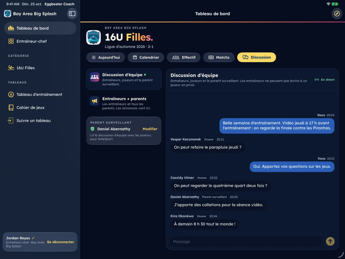 La discussion dans Eggbeater Coach, avec la fiche du parent surveillant et une annonce.