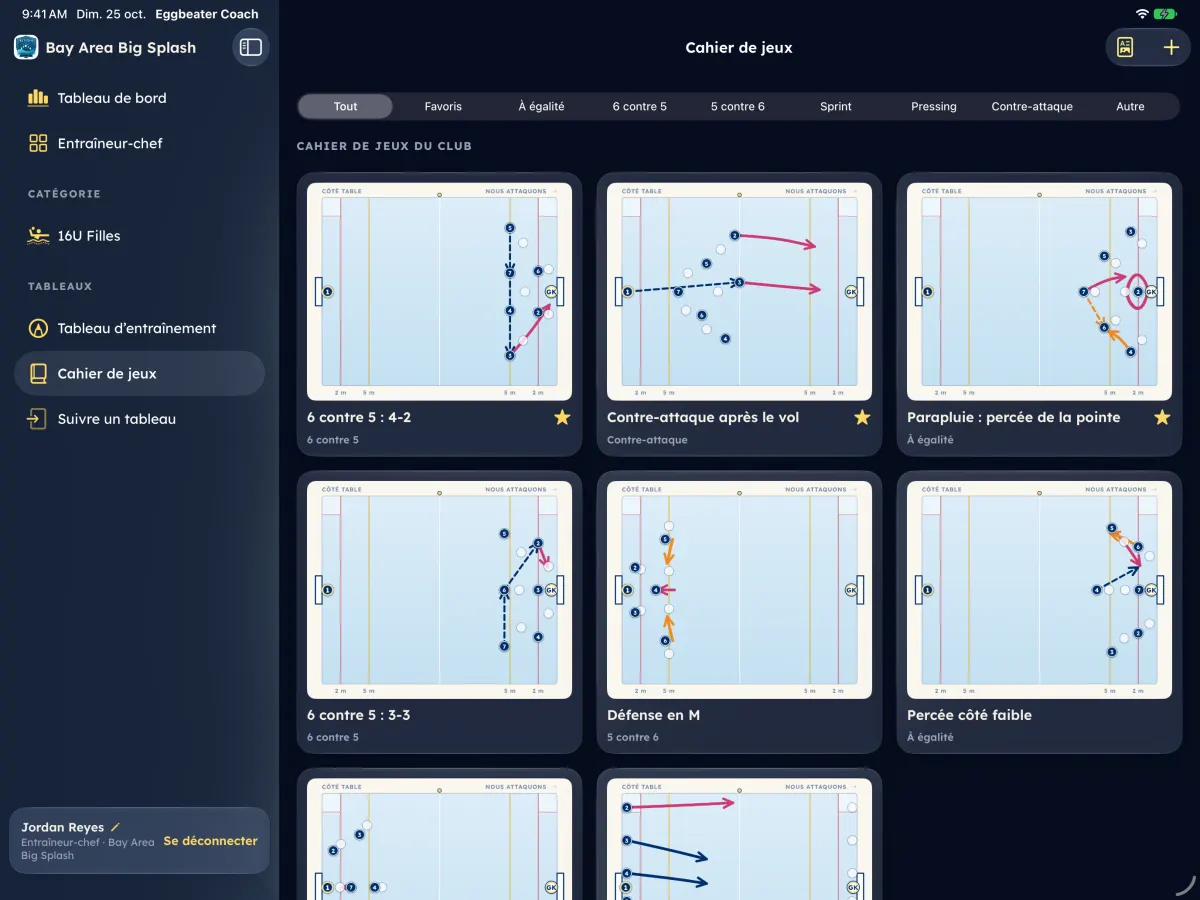 Le cahier de jeux dans Eggbeater Coach.