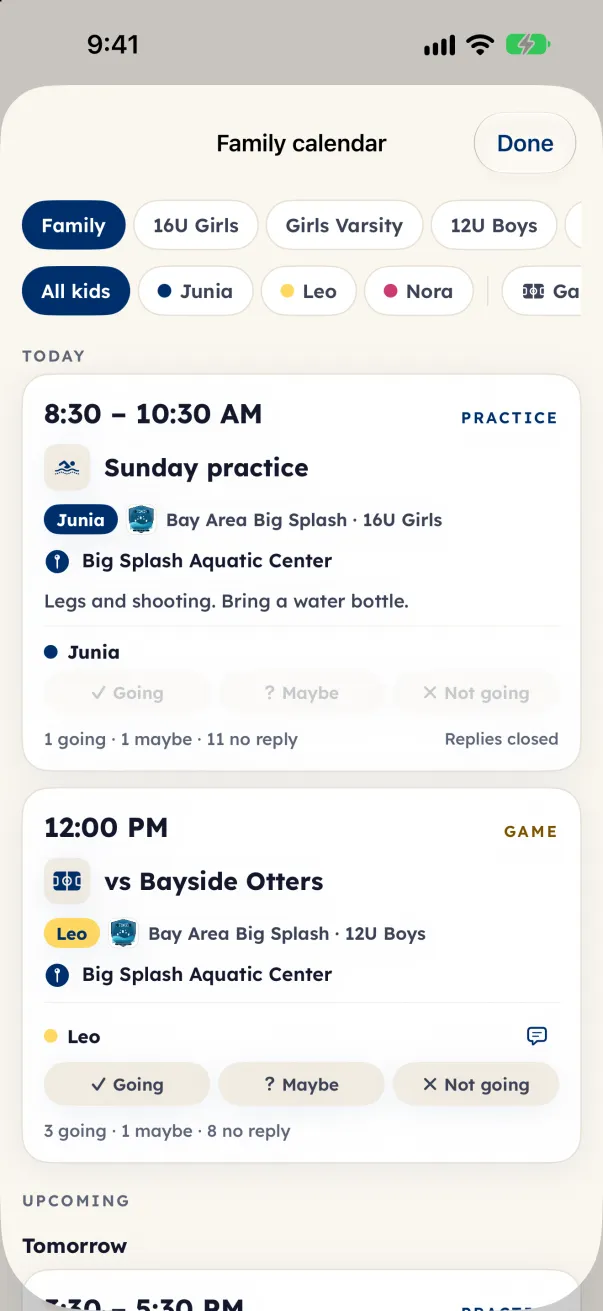 The family calendar, with each event's time, place and a reply row for each child.