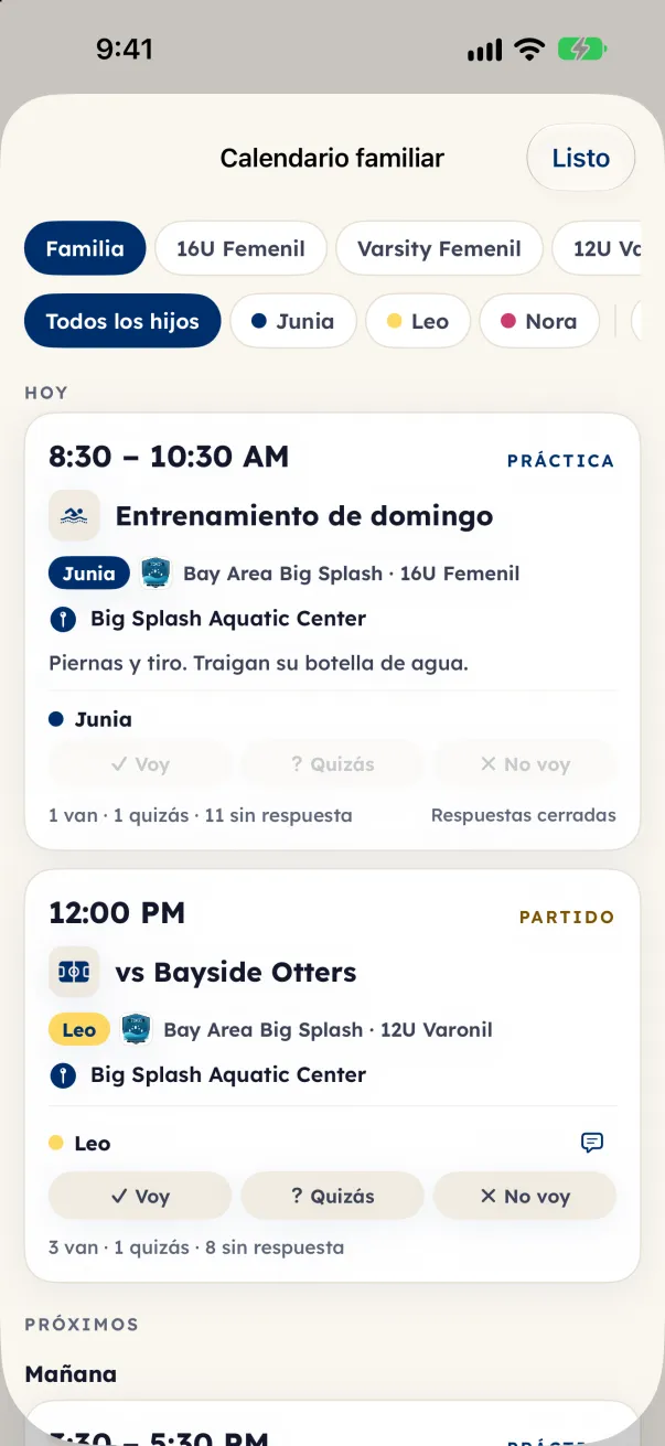El calendario familiar, con la hora y el lugar de cada evento y una fila de respuesta por hijo.