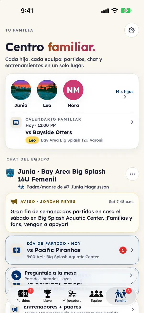 El centro familiar: los hijos, el calendario familiar y la sección del chat del equipo con un aviso y un hilo del día de partido.