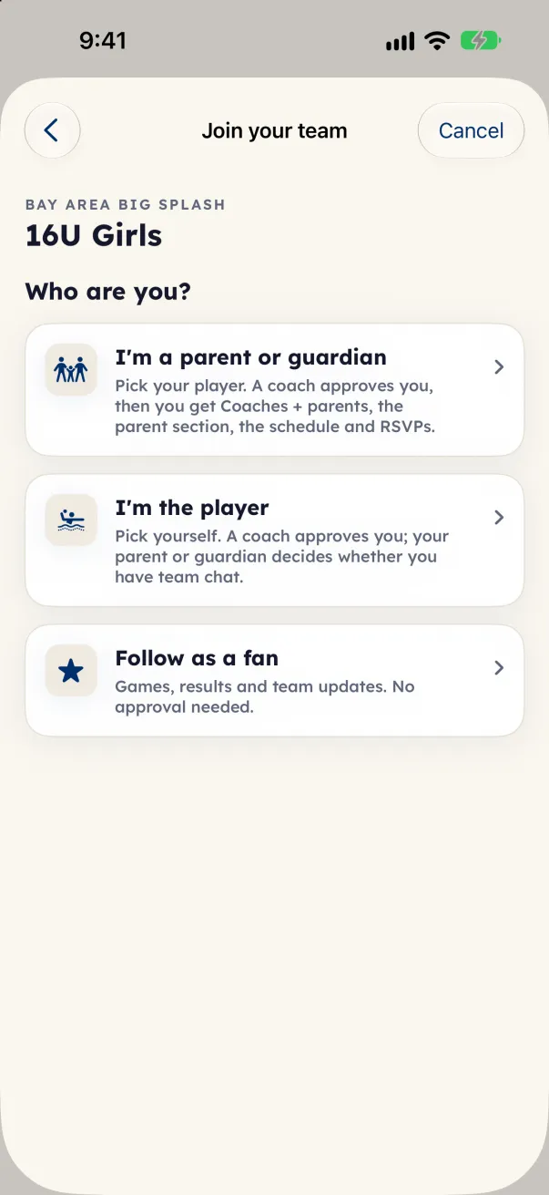 The Join your team screen asking Who are you?, with parent or guardian, player and fan choices.