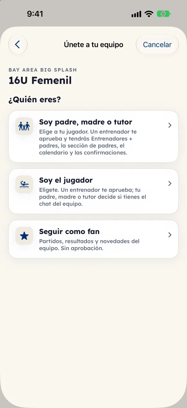 La pantalla Únete a tu equipo con la pregunta ¿Quién eres? y las opciones de padre, madre o tutor, jugador y fan.