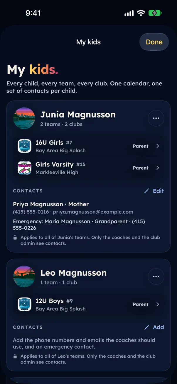 My kids, with one card per child listing their teams, clubs and contacts.