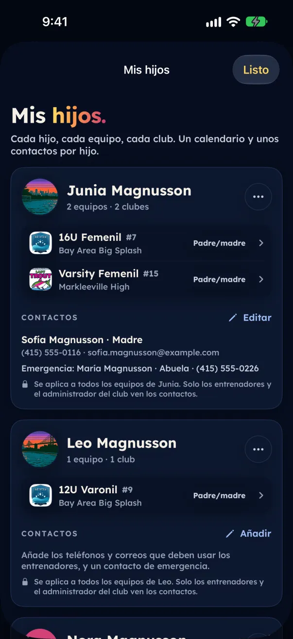 Mis hijos, con una tarjeta por hijo que muestra sus equipos, clubes y contactos.