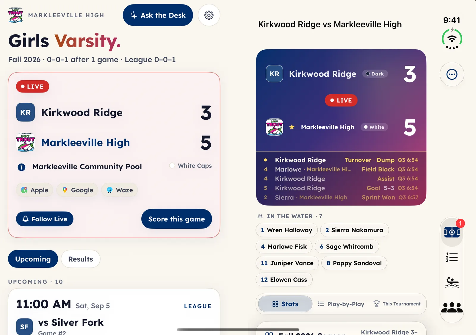 The Games tab on a half-open iPhone Duo: the schedule on the left panel, a live game’s score and play-by-play on the right