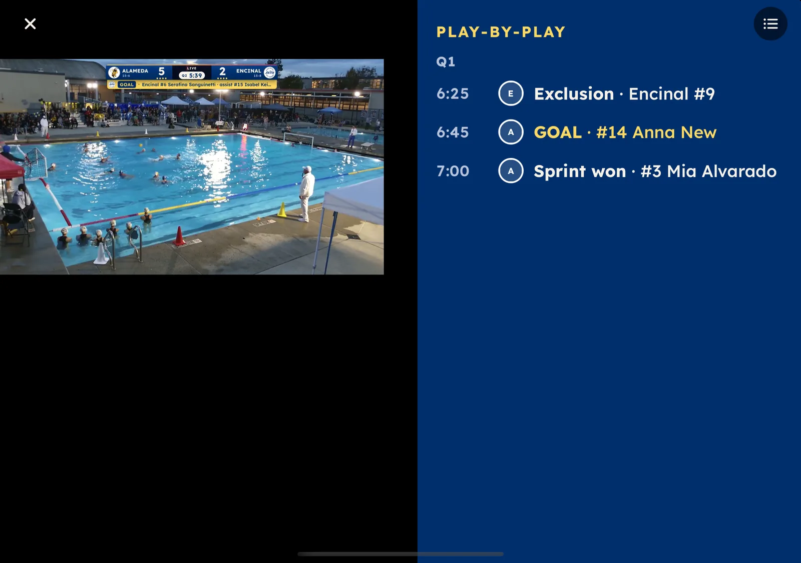 Live video on a half-open iPhone Duo: the stream on the left panel, the play-by-play on the right