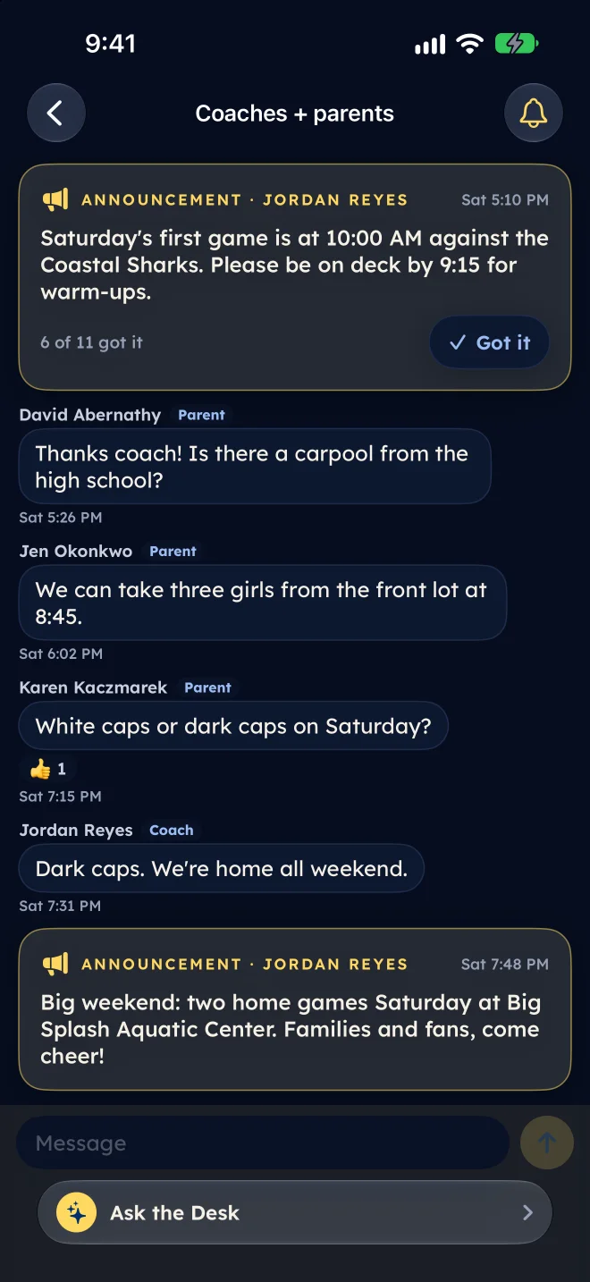 The Coaches + parents channel: an announcement about Saturday’s first game with a Got it button and “6 of 11 got it”, then questions from families and the coach’s answers