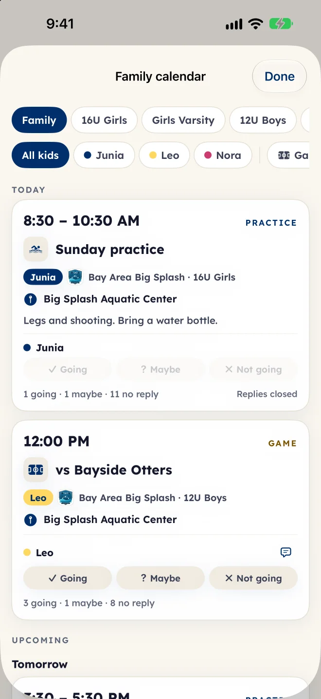 The family calendar: a practice for one child and a game for another, each with Going, Maybe and Not going buttons and the team’s reply counts