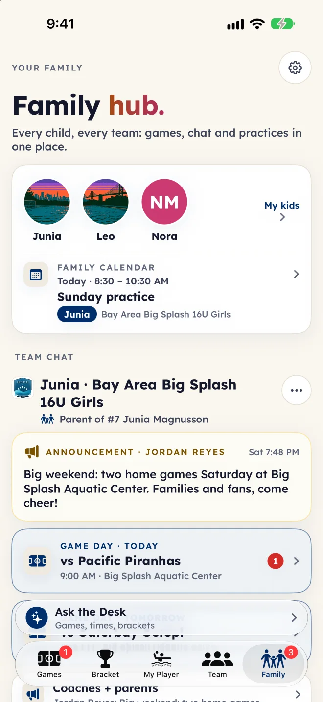 The Family hub in the Eggbeater app: three kids, today’s practice on the family calendar, an announcement from the coach and today’s game-day thread