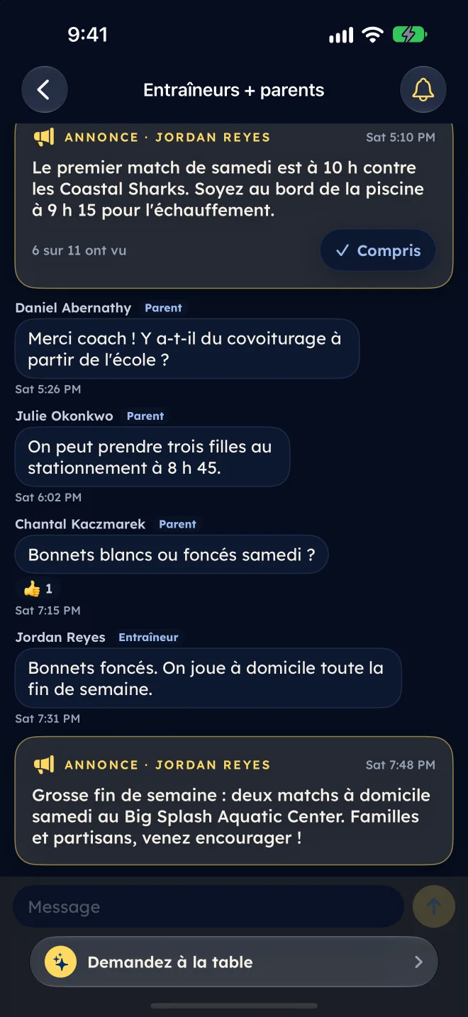 Une annonce épinglée de l'entraîneur avec un bouton Compris et le nombre de familles qui l'ont bien reçue.