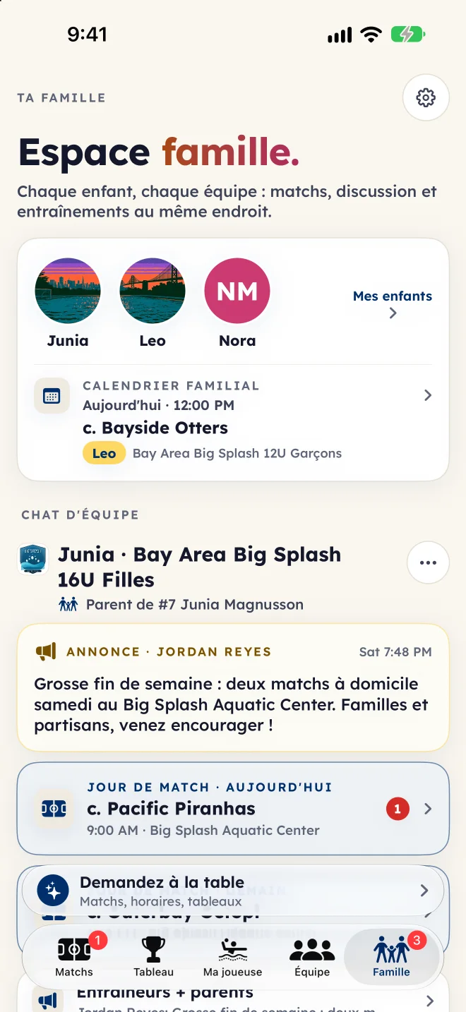 L'espace Famille : les enfants, le calendrier familial et la section de discussion d'équipe avec une annonce et un fil de jour de match.