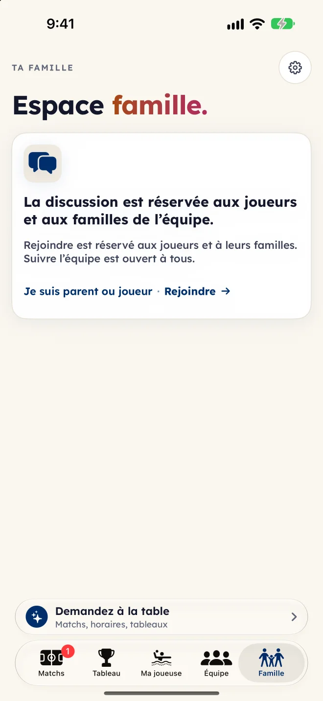L'écran Joindre votre équipe qui demande Qui êtes-vous?, avec les choix parent ou tuteur, joueur et partisan.