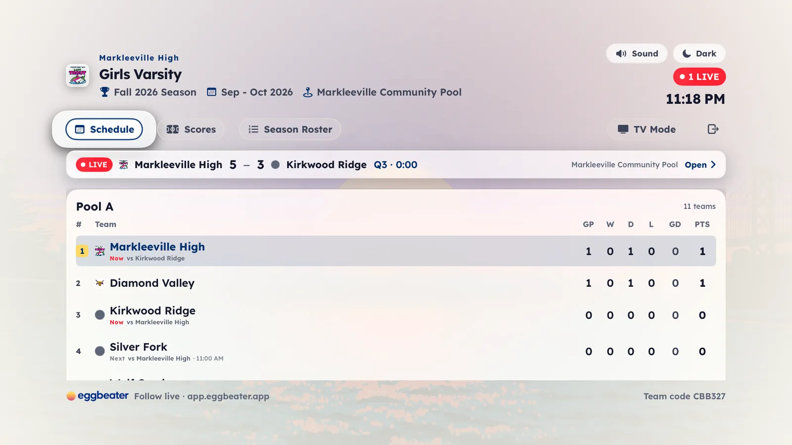Eggbeater on Apple TV: a high school’s league standings with a live game across the top