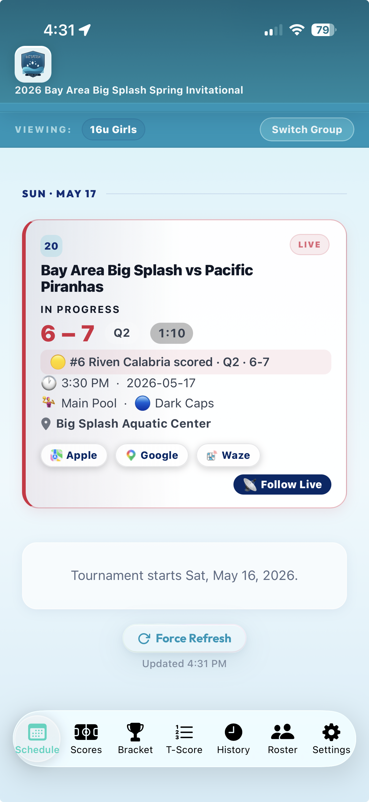 Eggbeater app on iPhone — 16U Girls live tournament game in progress, score 6 – 7, Q2 1:10 remaining