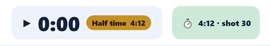 At halftime the Desk’s clock holds at 0:00 with a gold Half time 4:12 badge; the console chip reads 4:12 · shot 30.