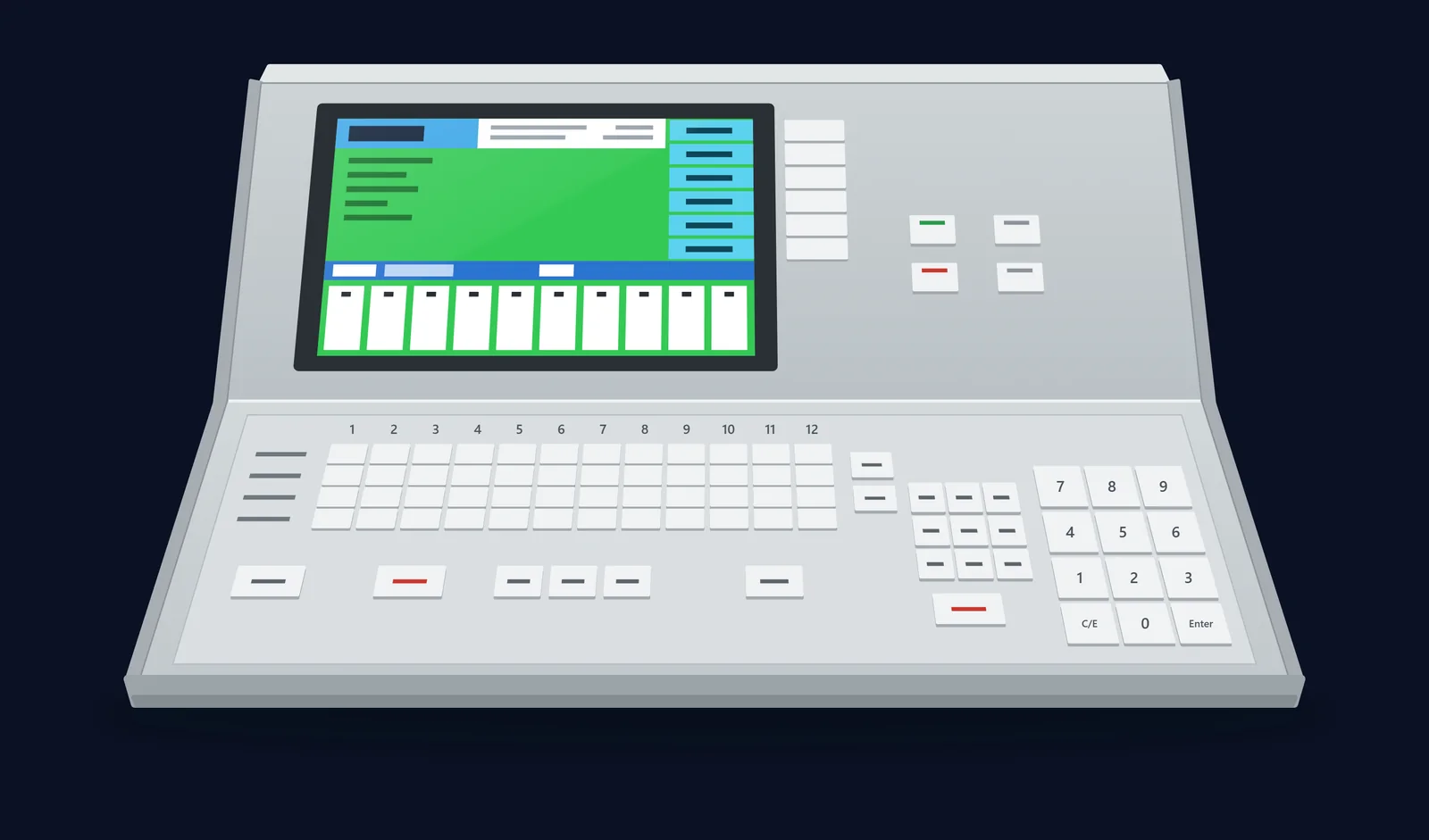 Illustration of a System 6 timing console: a display, a row of numbered keys and a keypad.
