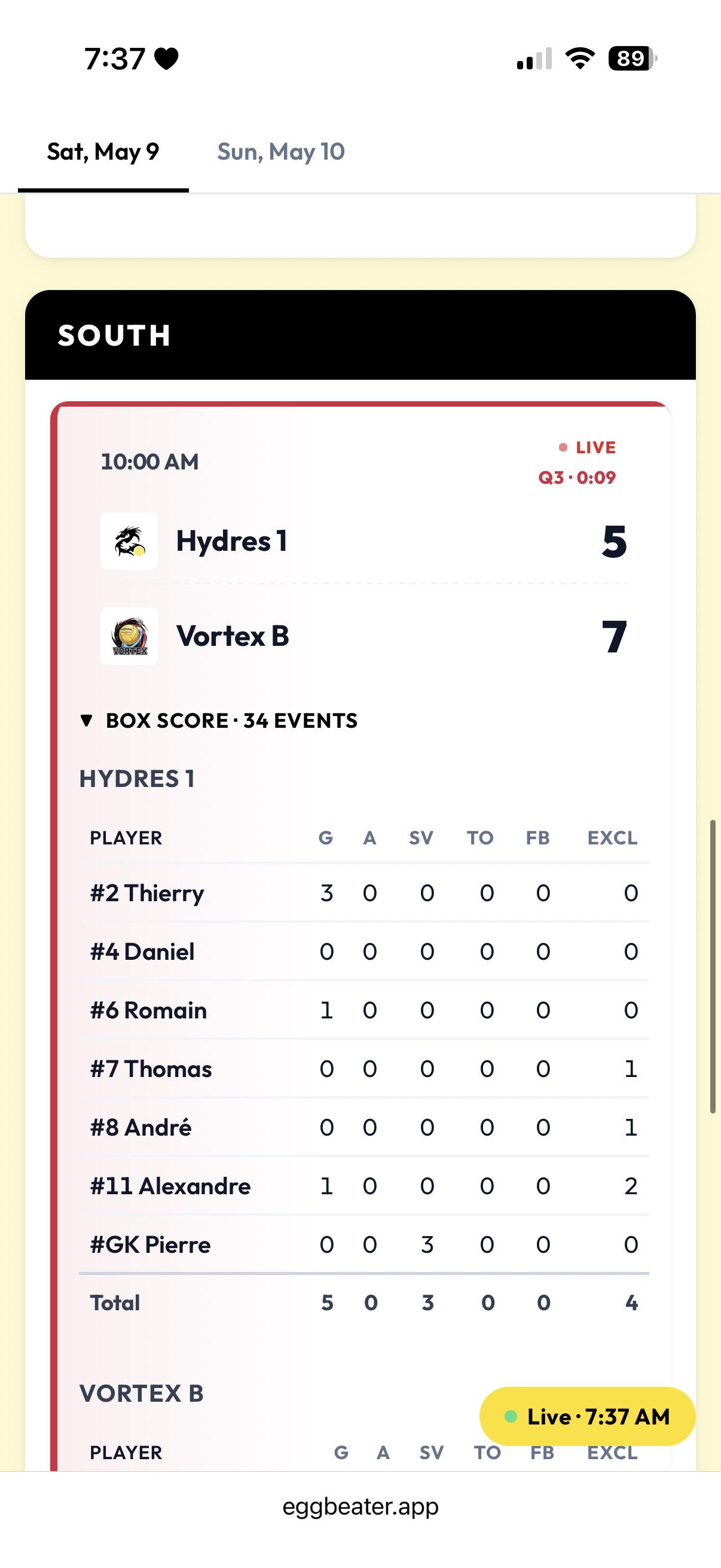 Mobile public dashboard showing live Hydres 1 vs Vortex B with box score