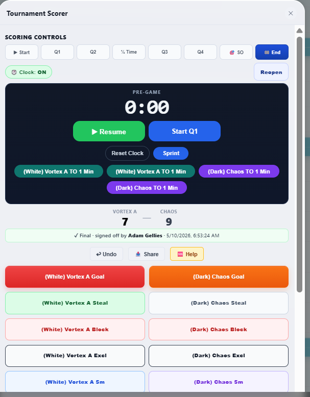 Eggbeater scorer mid-game — Hydres 1 vs Vortex B, Q4, with the live event feed and tap-to-score grid visible