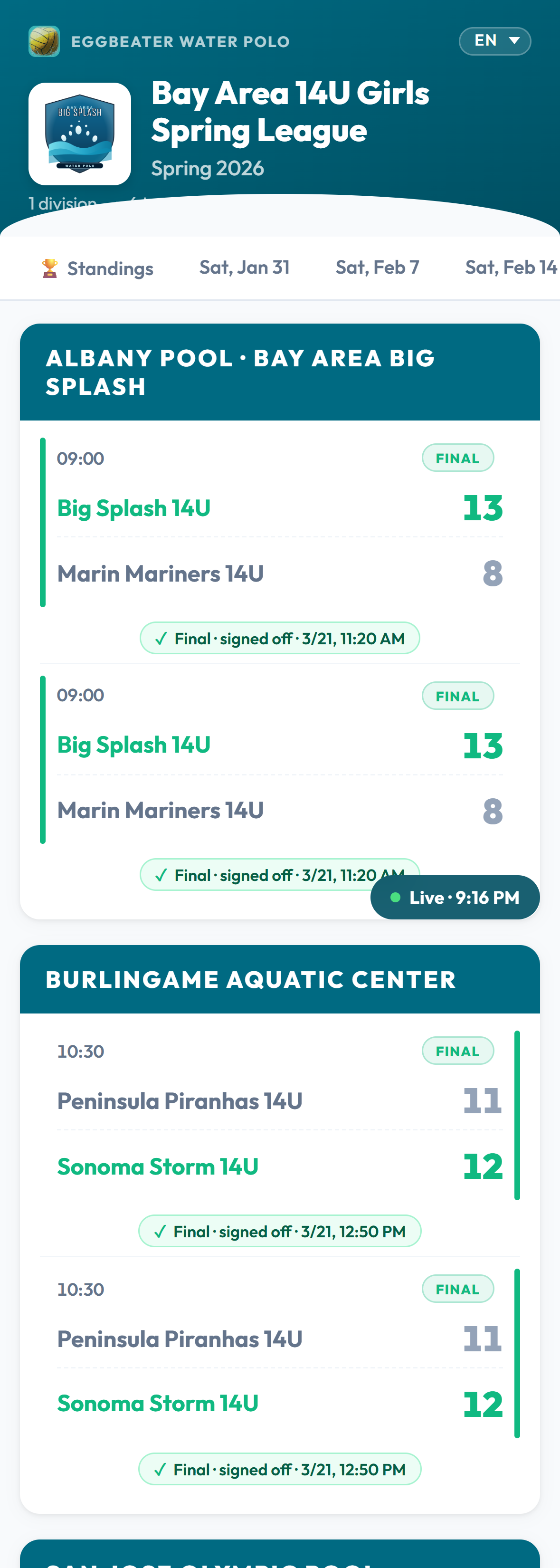 Eggbeater league schedule for a single Saturday rendered on an iPhone showing venue-grouped games with FINAL chips