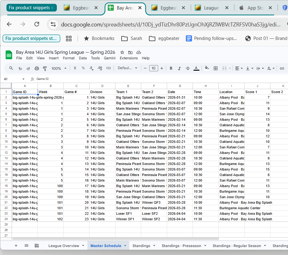 A real Google Sheets workbook showing the Master Schedule tab of the BS14SP demo league with every game across the season, including FINAL scores and the tab strip showing League Overview, Standings per phase, and more