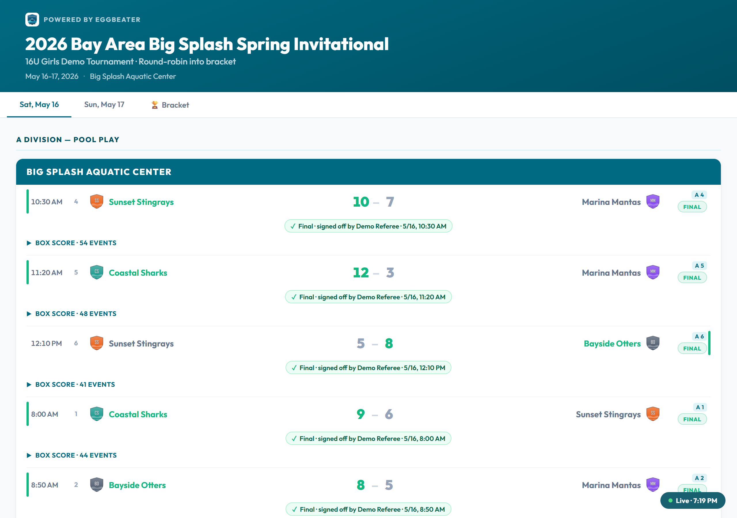 Eggbeater public tournament dashboard showing live water polo scores with per-player box scores