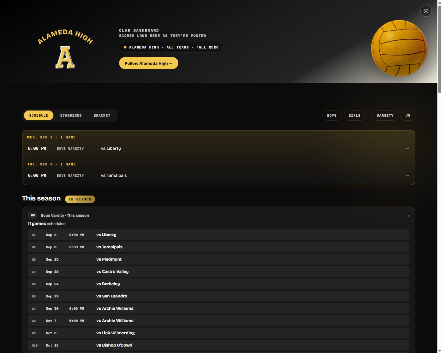 Alameda High’s season dashboard on Eggbeater — letterman crest, filters and the fall schedule