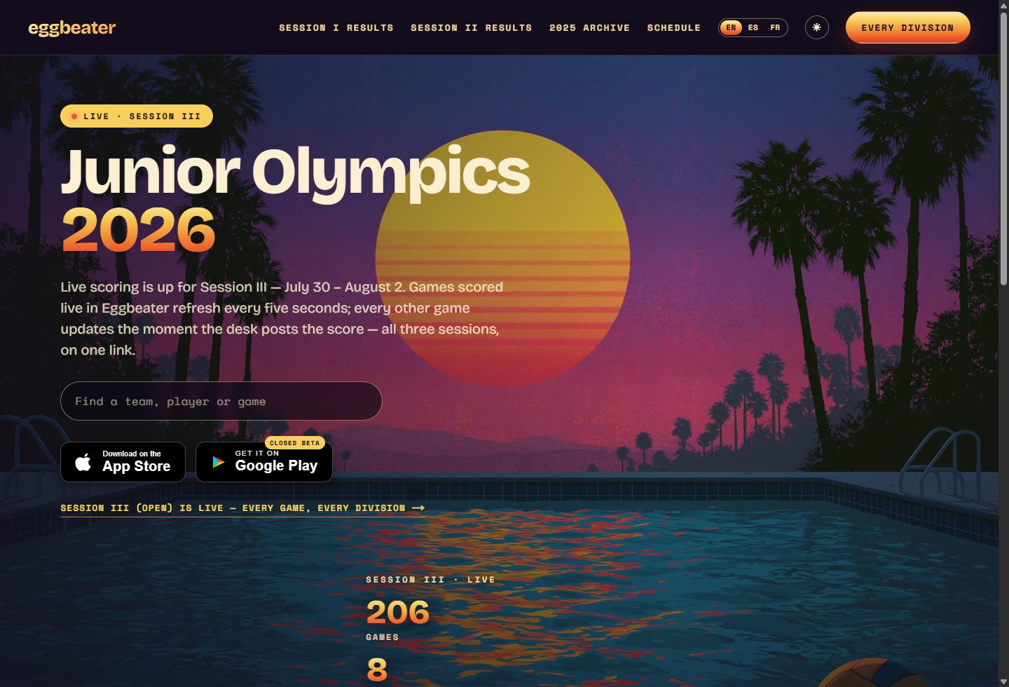 The Junior Olympics 2026 site on Eggbeater — live Session III hero with results and schedule