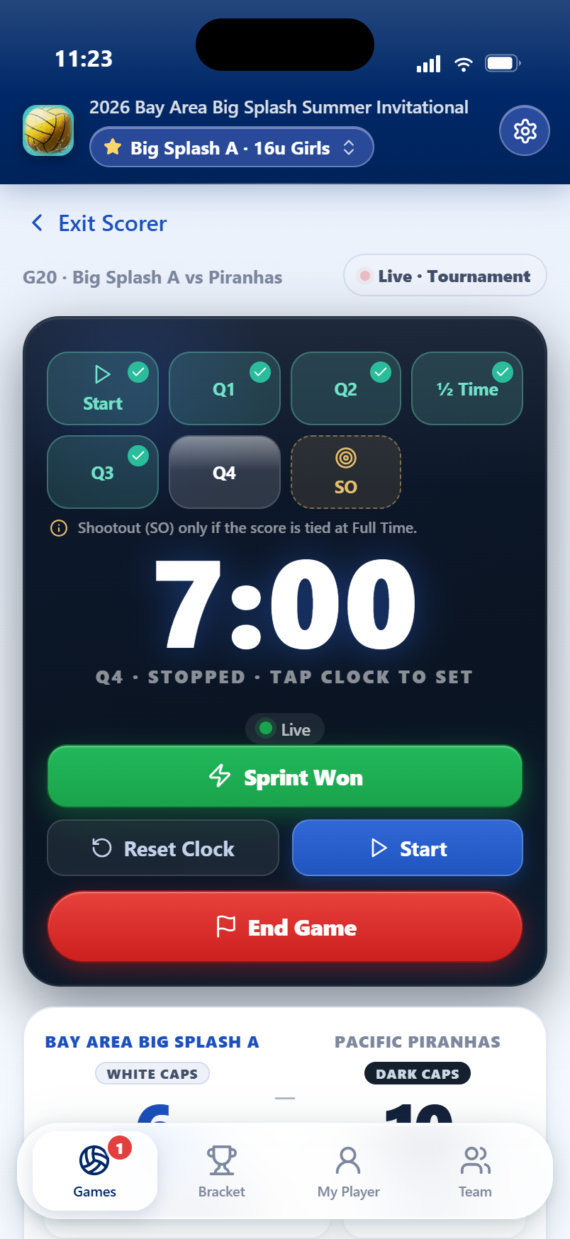 The current tournament scorer — one phone screen: the clock deck with shootout chip and game controls