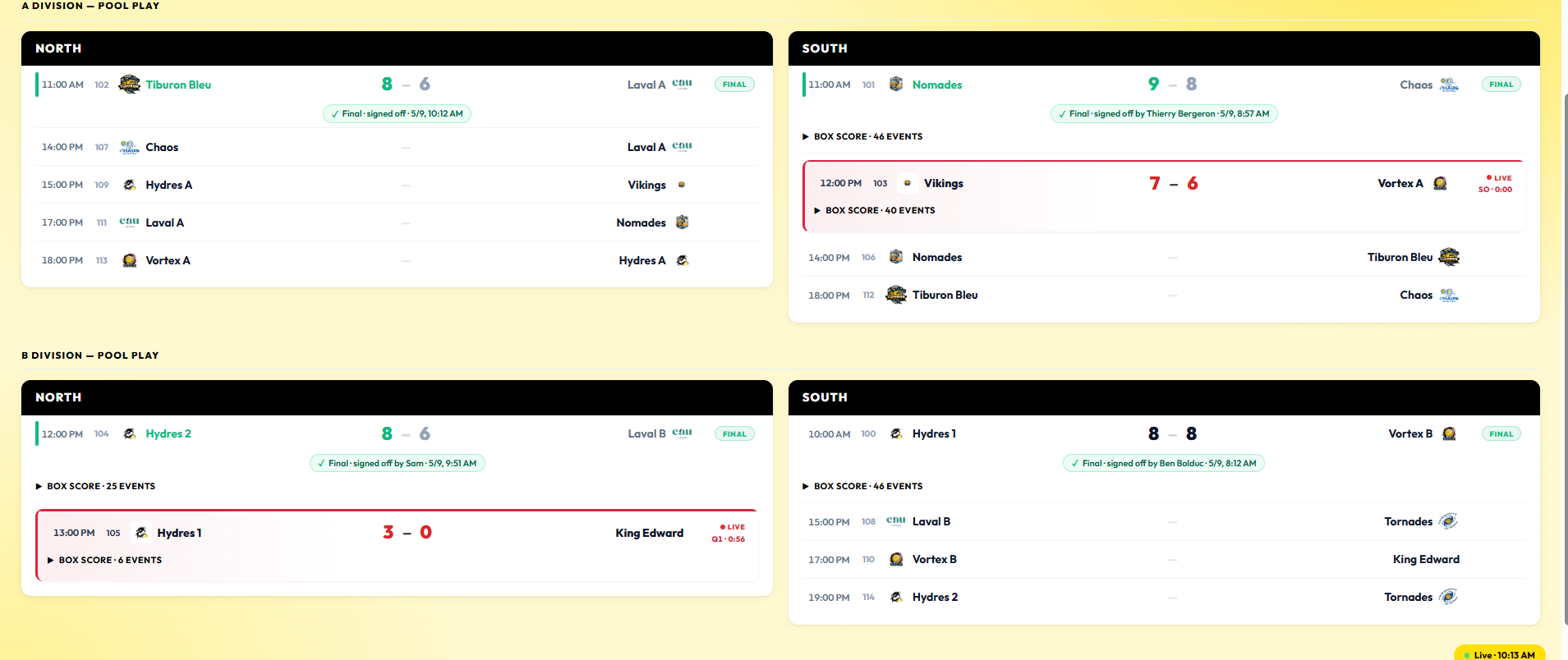 Spectator web dashboard — A & B division pool play