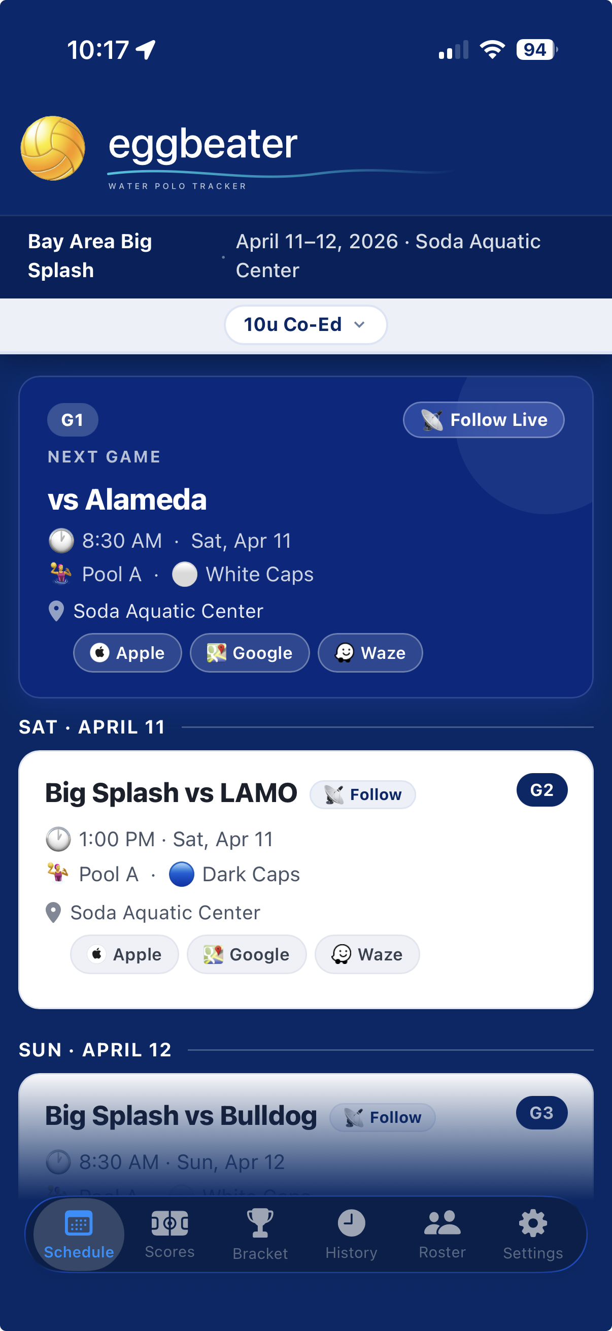 Eggbeater app schedule showing upcoming games with directions and pool location