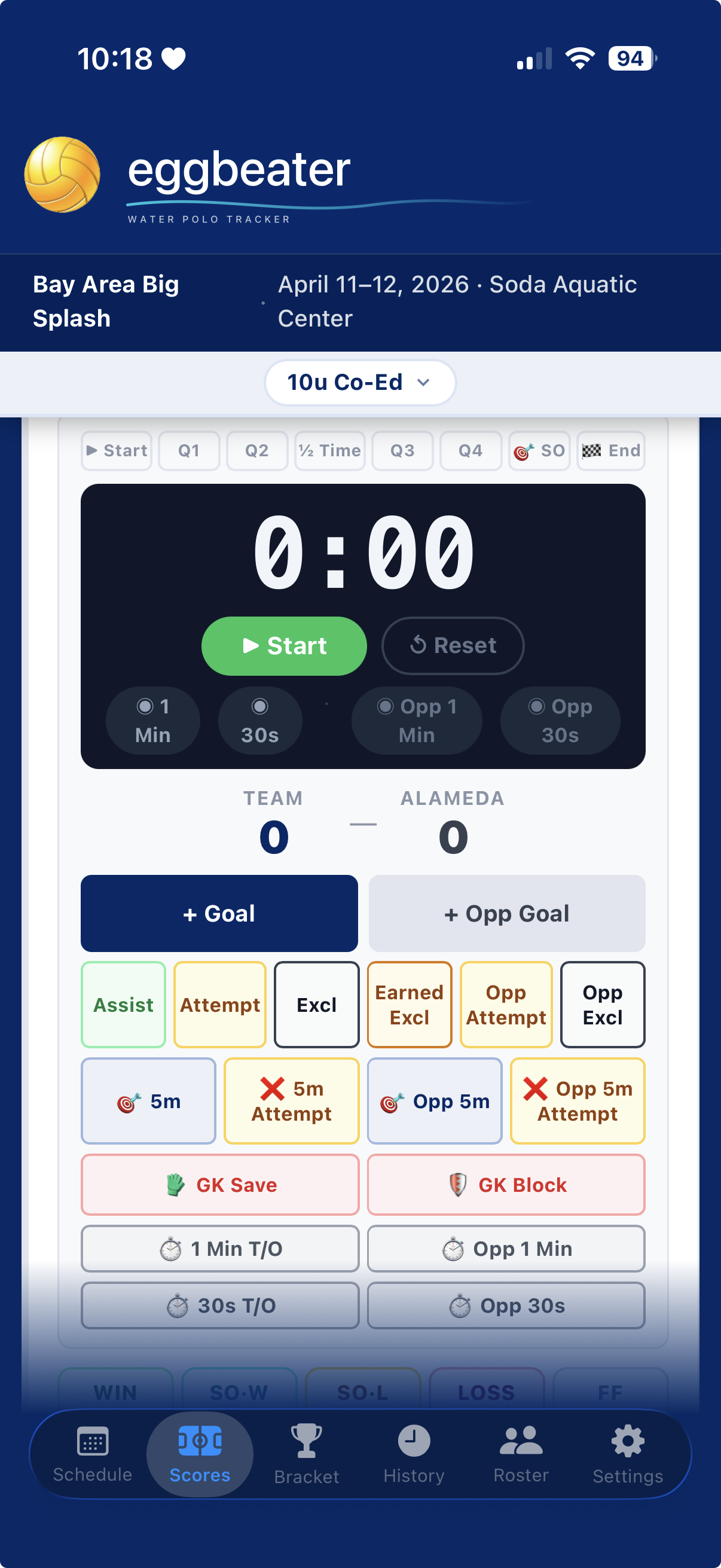 Live scoring interface with game clock, goal tracking, and player stats
